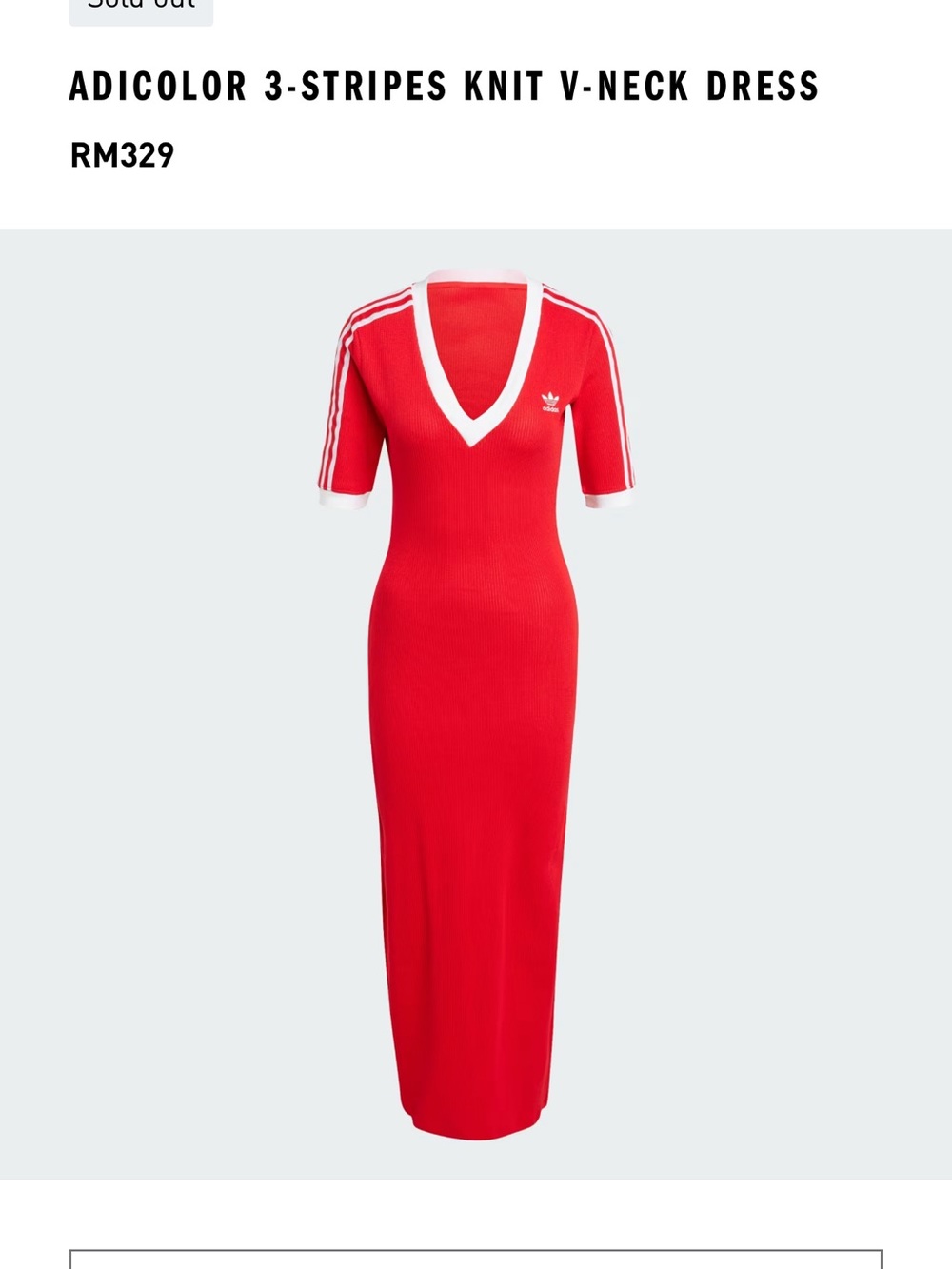 adidas knit Red V‑Neck Midi Dress with White Trim